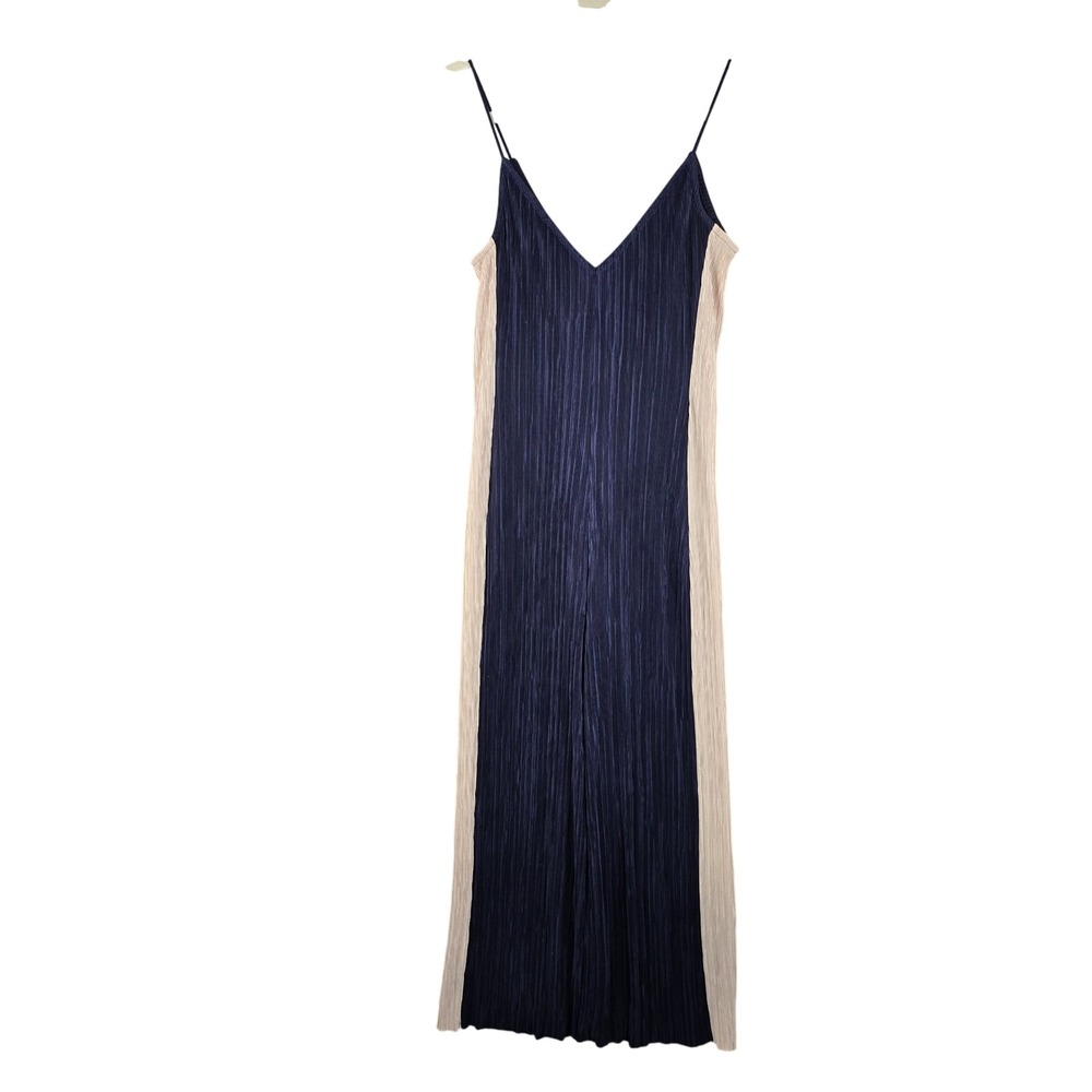 Topshop Jumpsuit Womens 6 Navy Blue Cream Pleated Wide Leg Colorblock Minimalist